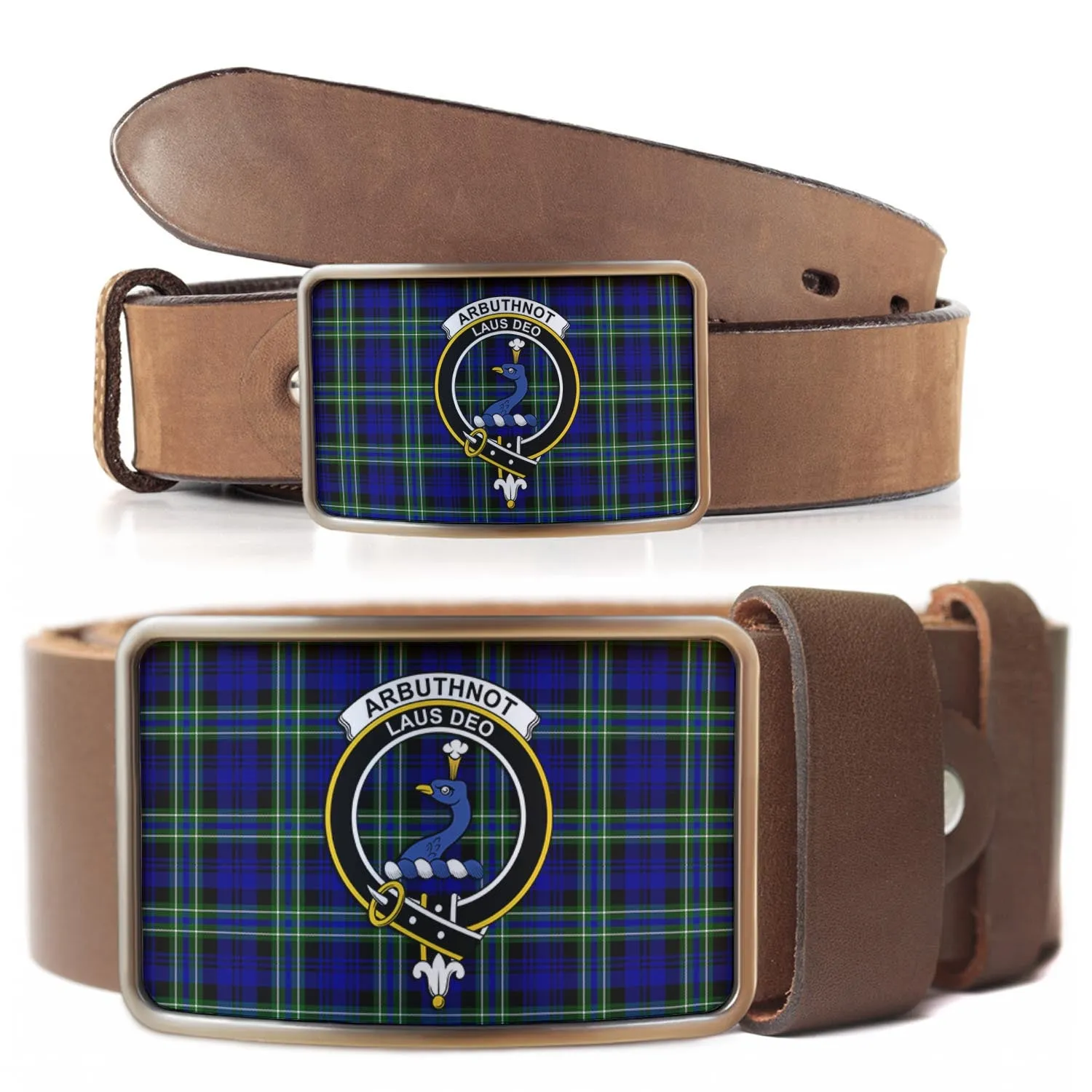 Arbuthnot Modern Tartan Belt Buckles with Family Crest