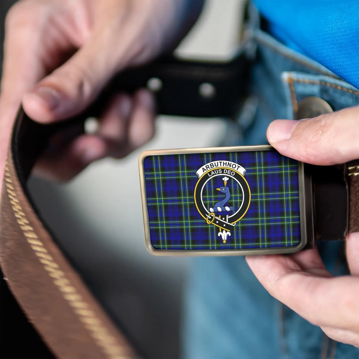 Arbuthnot Modern Tartan Belt Buckles with Family Crest