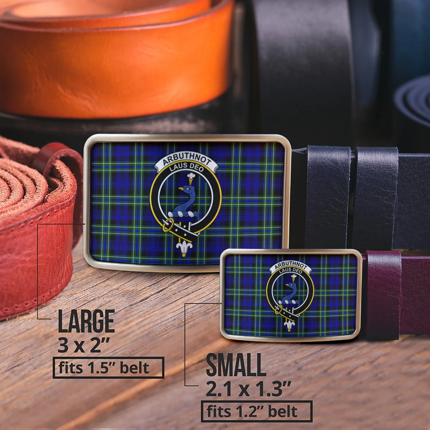 Arbuthnot Modern Tartan Belt Buckles with Family Crest