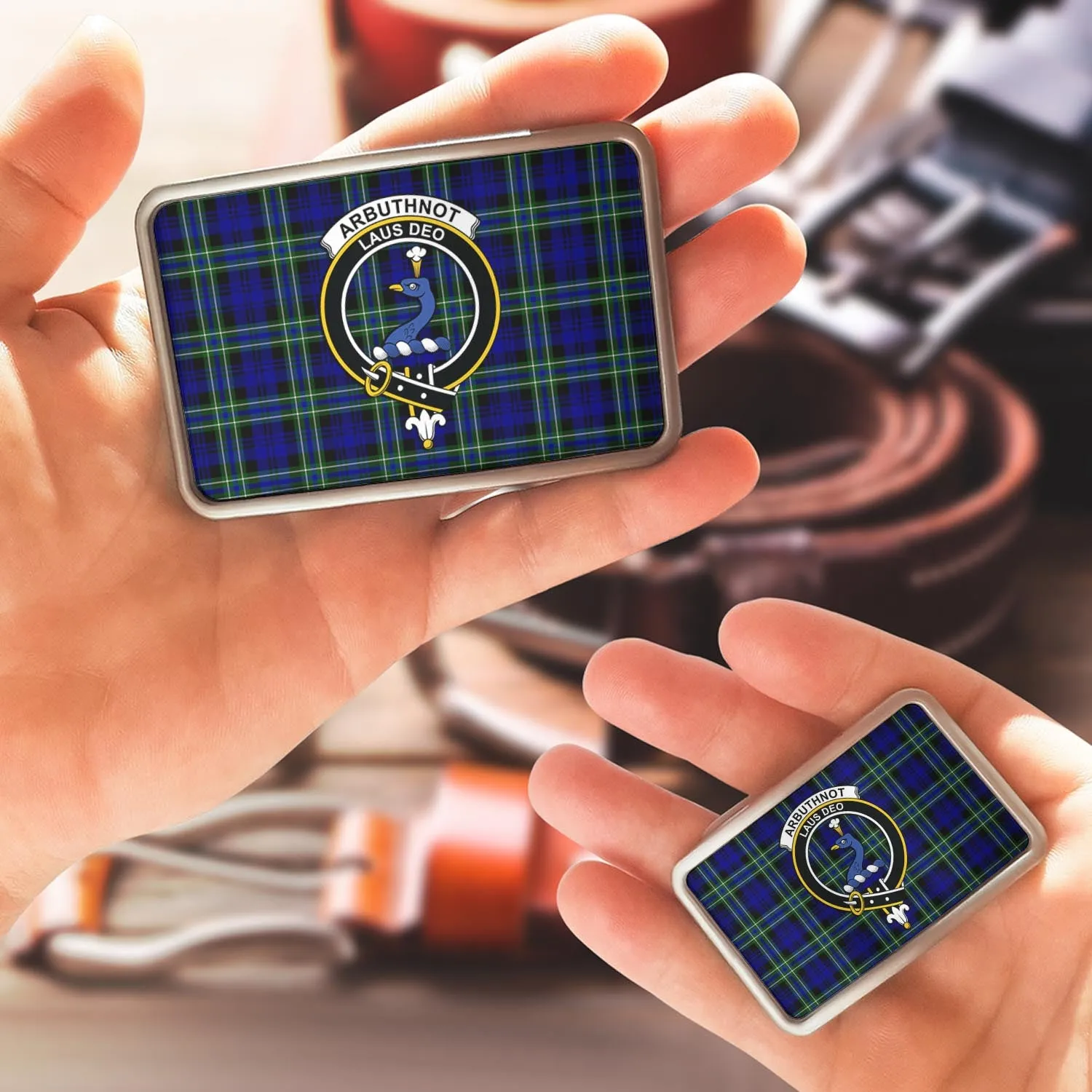 Arbuthnot Modern Tartan Belt Buckles with Family Crest