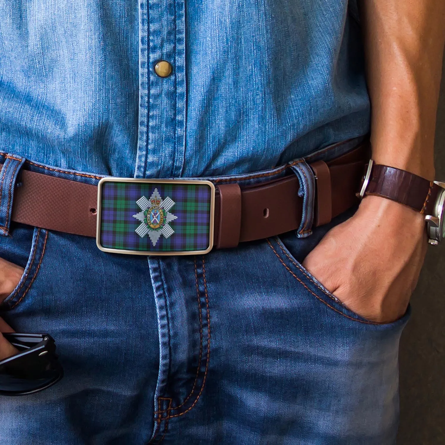 Black Watch Modern Tartan Belt Buckles with Family Crest