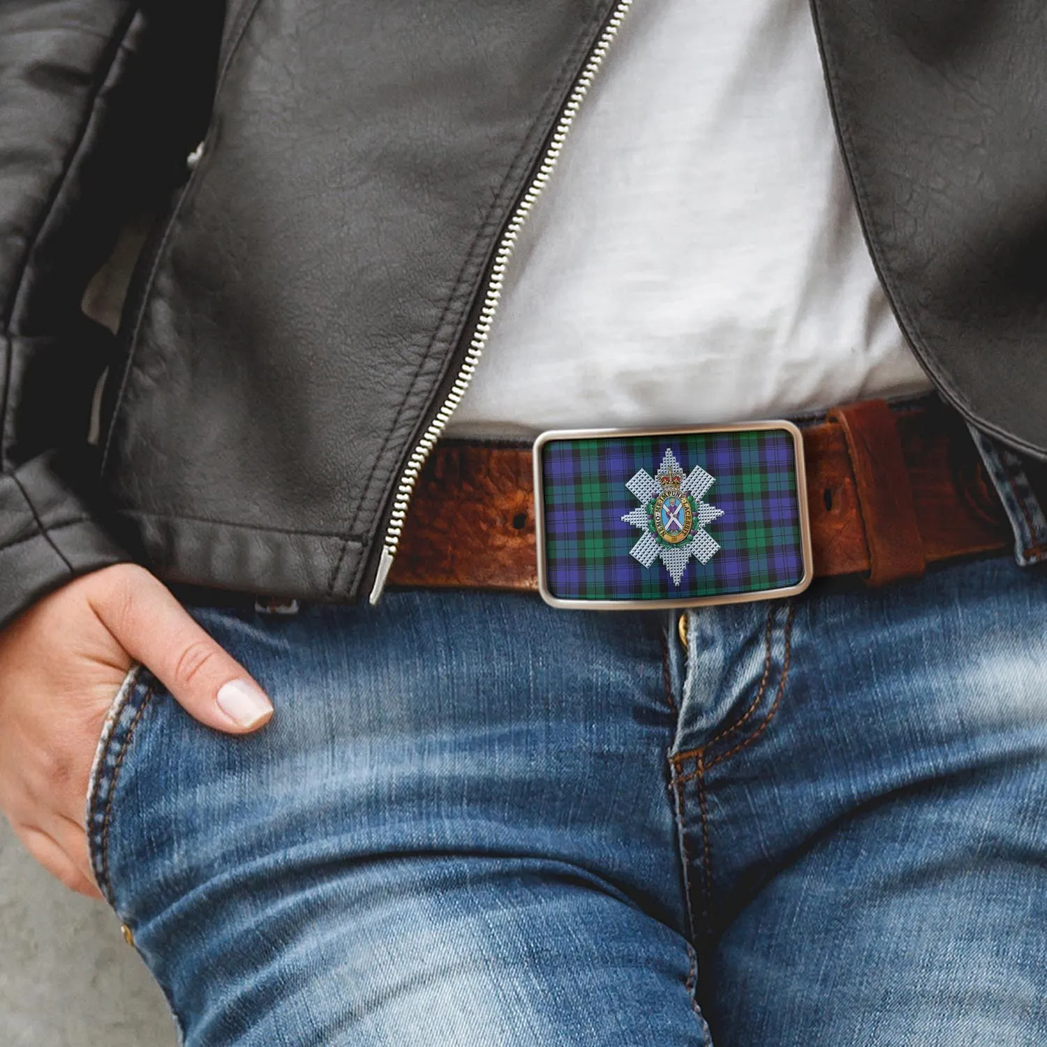 Black Watch Modern Tartan Belt Buckles with Family Crest