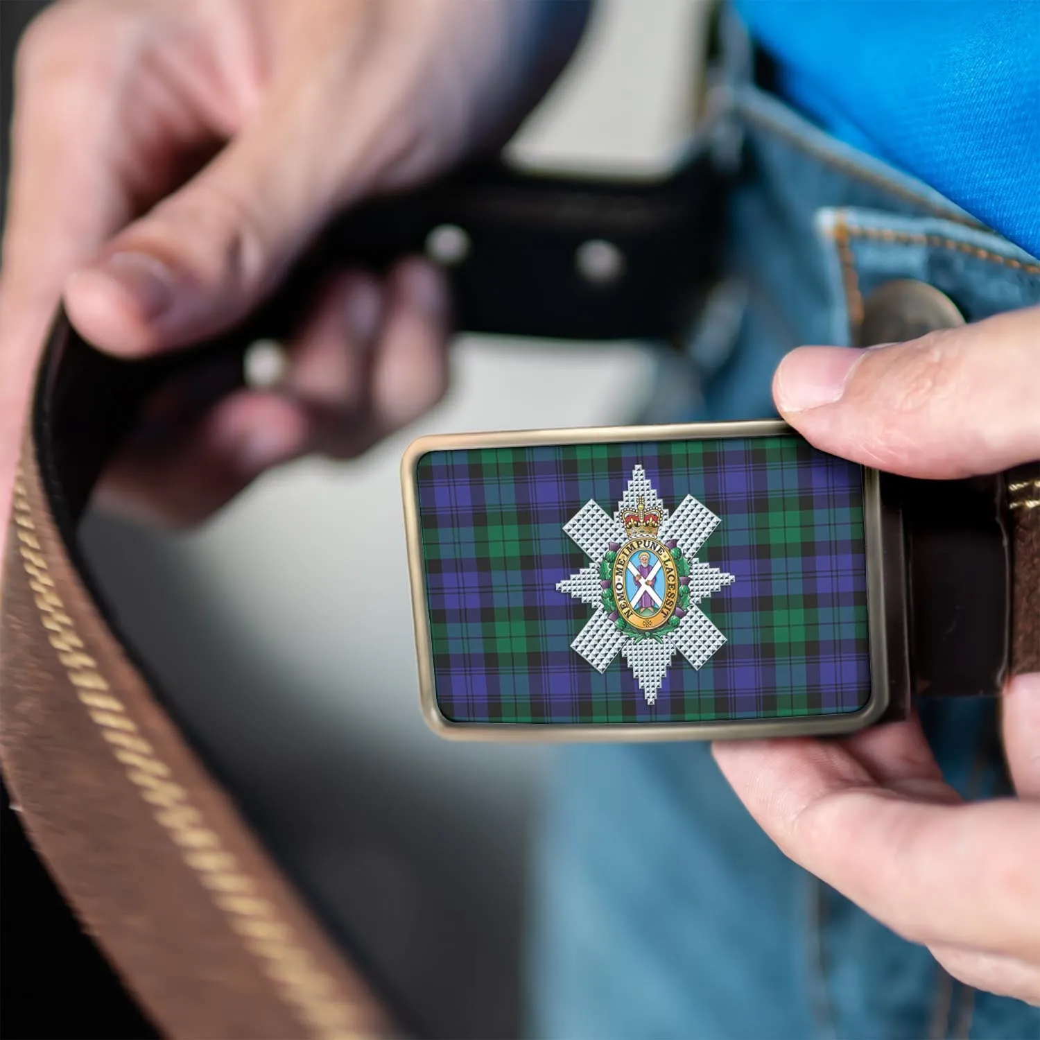 Black Watch Modern Tartan Belt Buckles with Family Crest