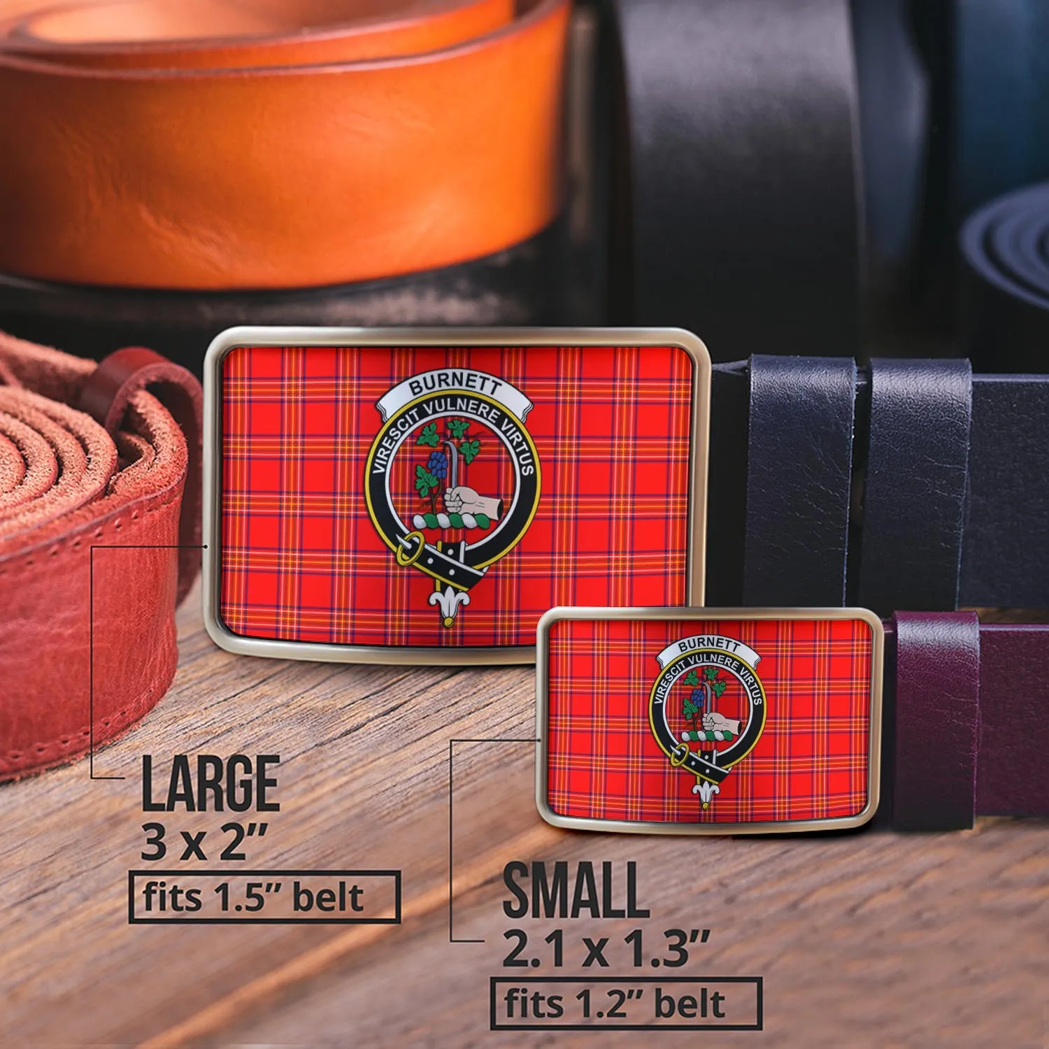 Burnett Modern Tartan Belt Buckles with Family Crest