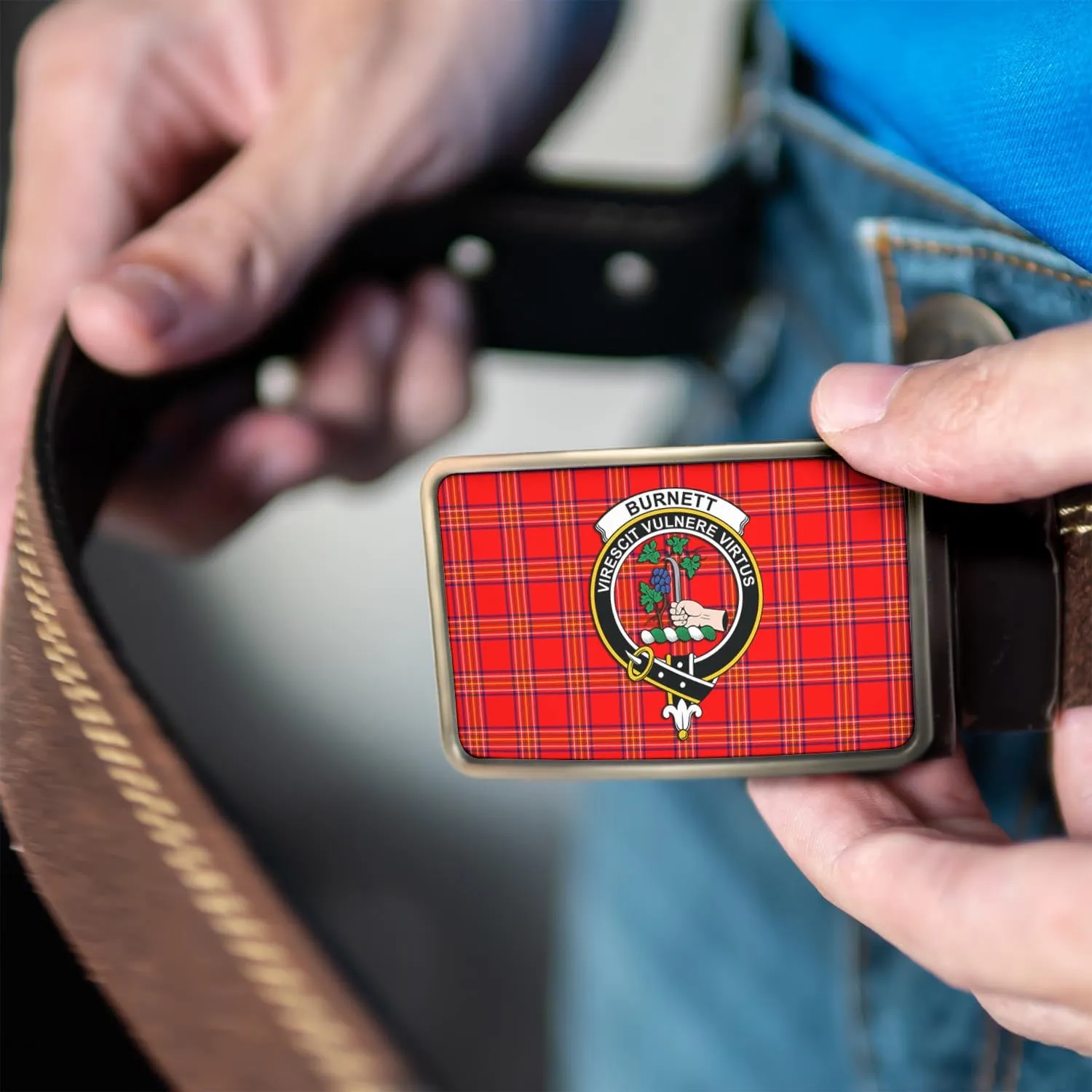 Burnett Modern Tartan Belt Buckles with Family Crest