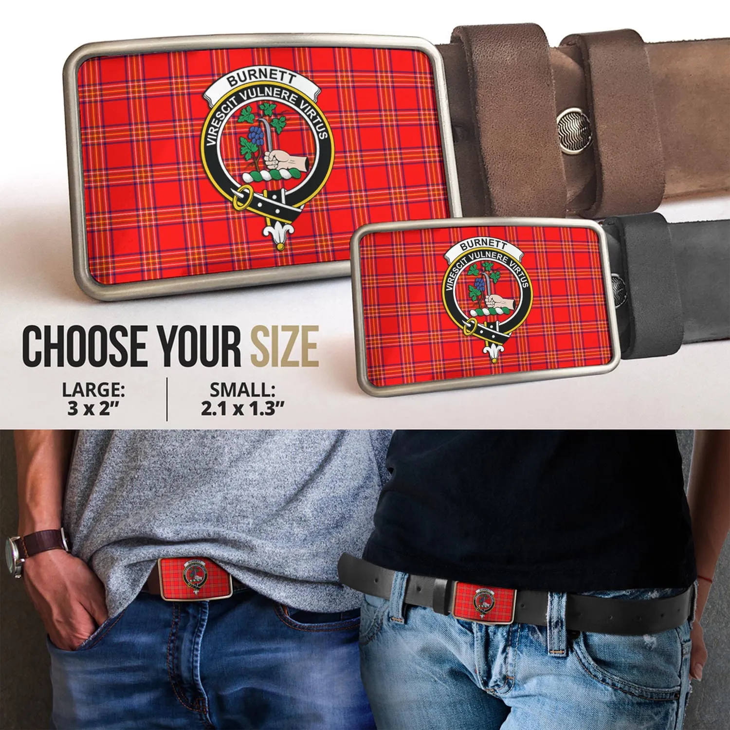 Burnett Modern Tartan Belt Buckles with Family Crest