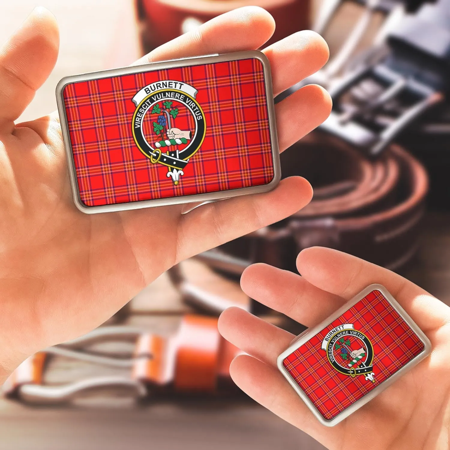 Burnett Modern Tartan Belt Buckles with Family Crest