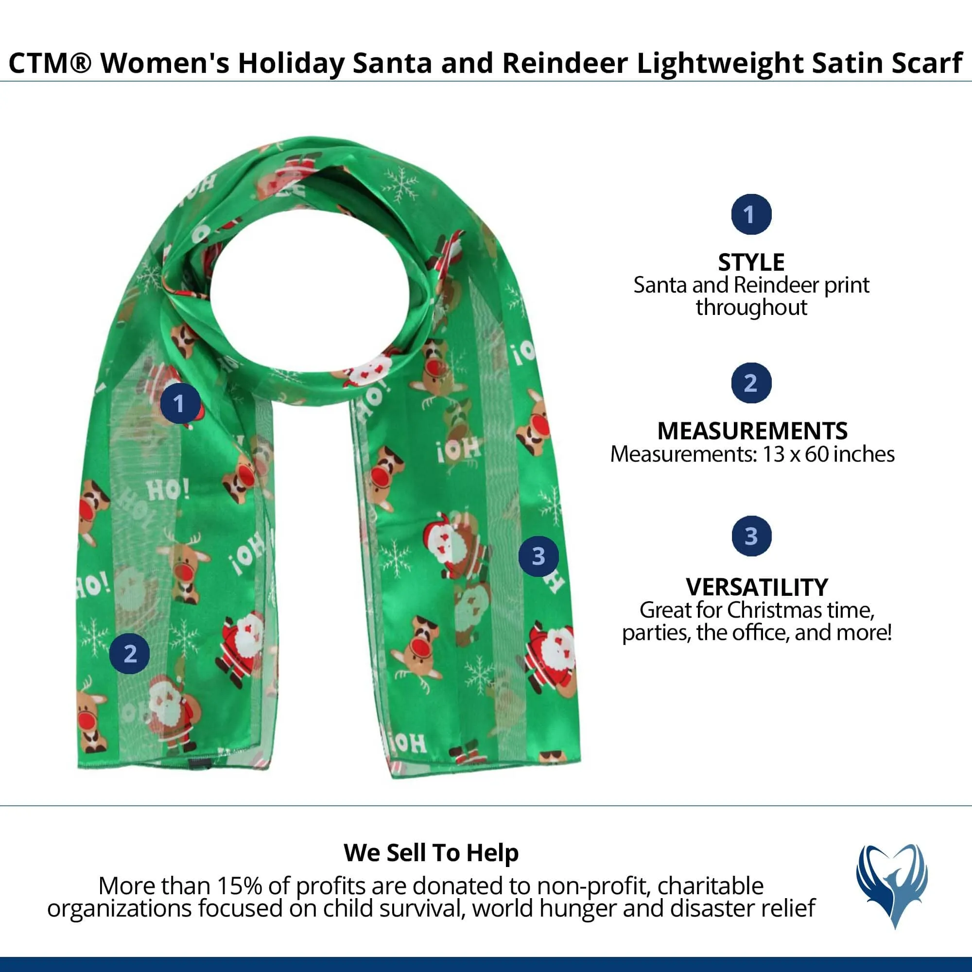 CTM® Women's Holiday Santa and Reindeer Lightweight Satin Scarf