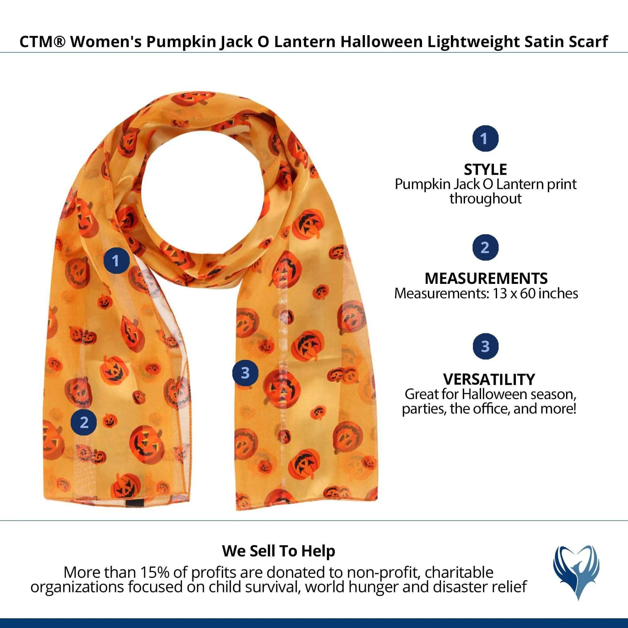 CTM® Women's Pumpkin Jack O Lantern Halloween Lightweight Satin Scarf