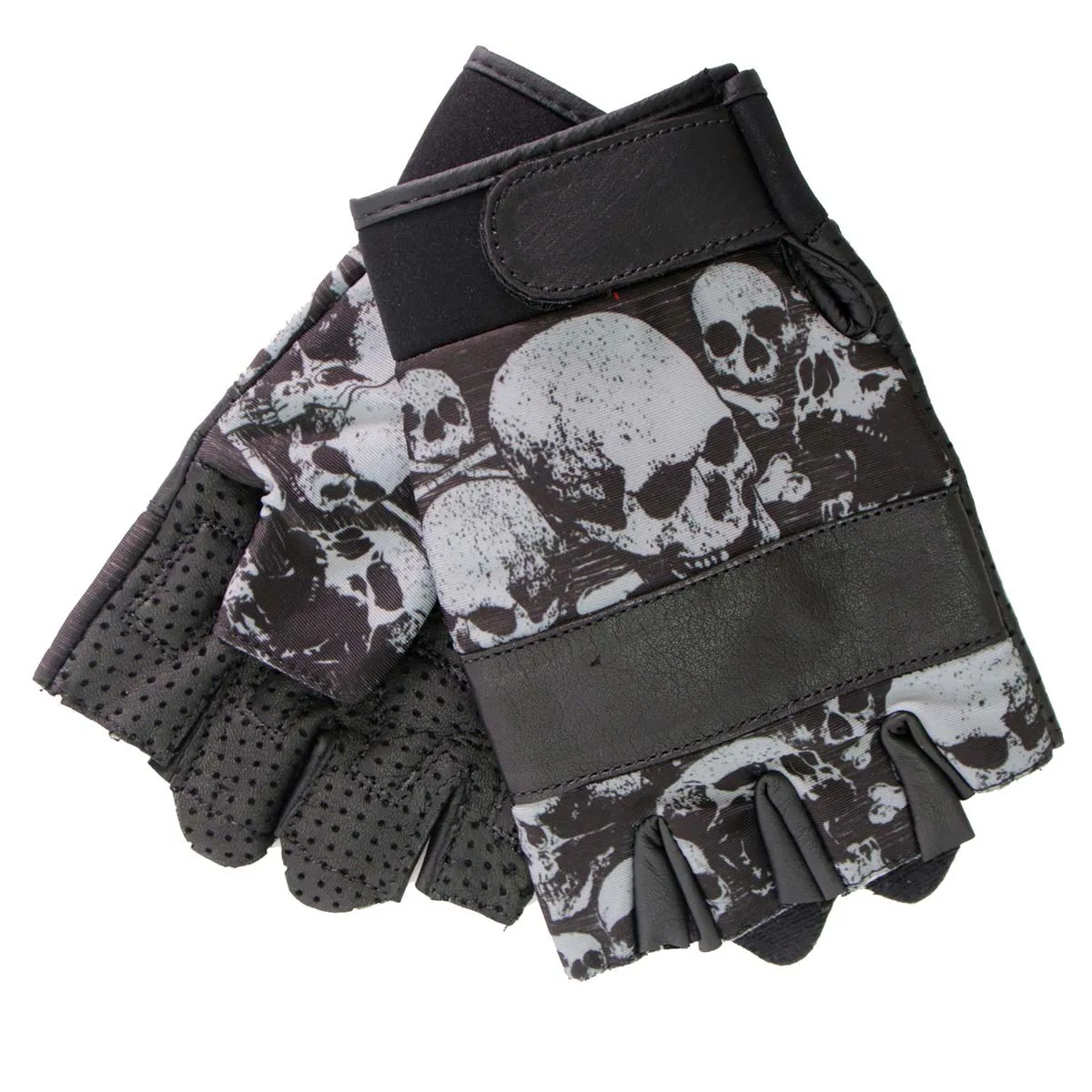 GVM3009 Uni-Sex Black 'Ancient Skulls' Fingerless Leather Gloves