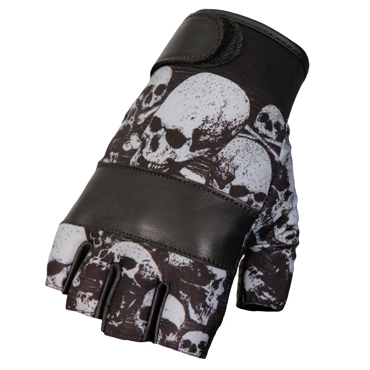 GVM3009 Uni-Sex Black 'Ancient Skulls' Fingerless Leather Gloves