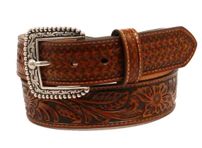 MF Western Ariat Western Mens Belt Leather Embossed Floral Weave Tan Style A1028808