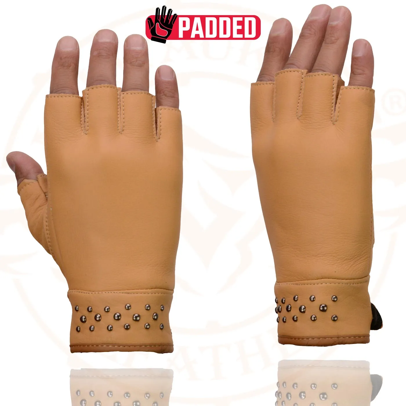 Milwaukee Leather MG7761 Women's Saddle Leather Gel Palm Fingerless Motorcycle Hand Gloves W/ Stylish ‘Wrist Detailing’