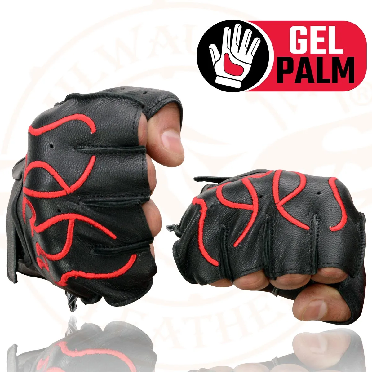 Milwaukee Leather SH198 Men's Black Leather Gel Padded Palm Fingerless Motorcycle Hand Gloves W/ ‘Red Flame Embroidered’