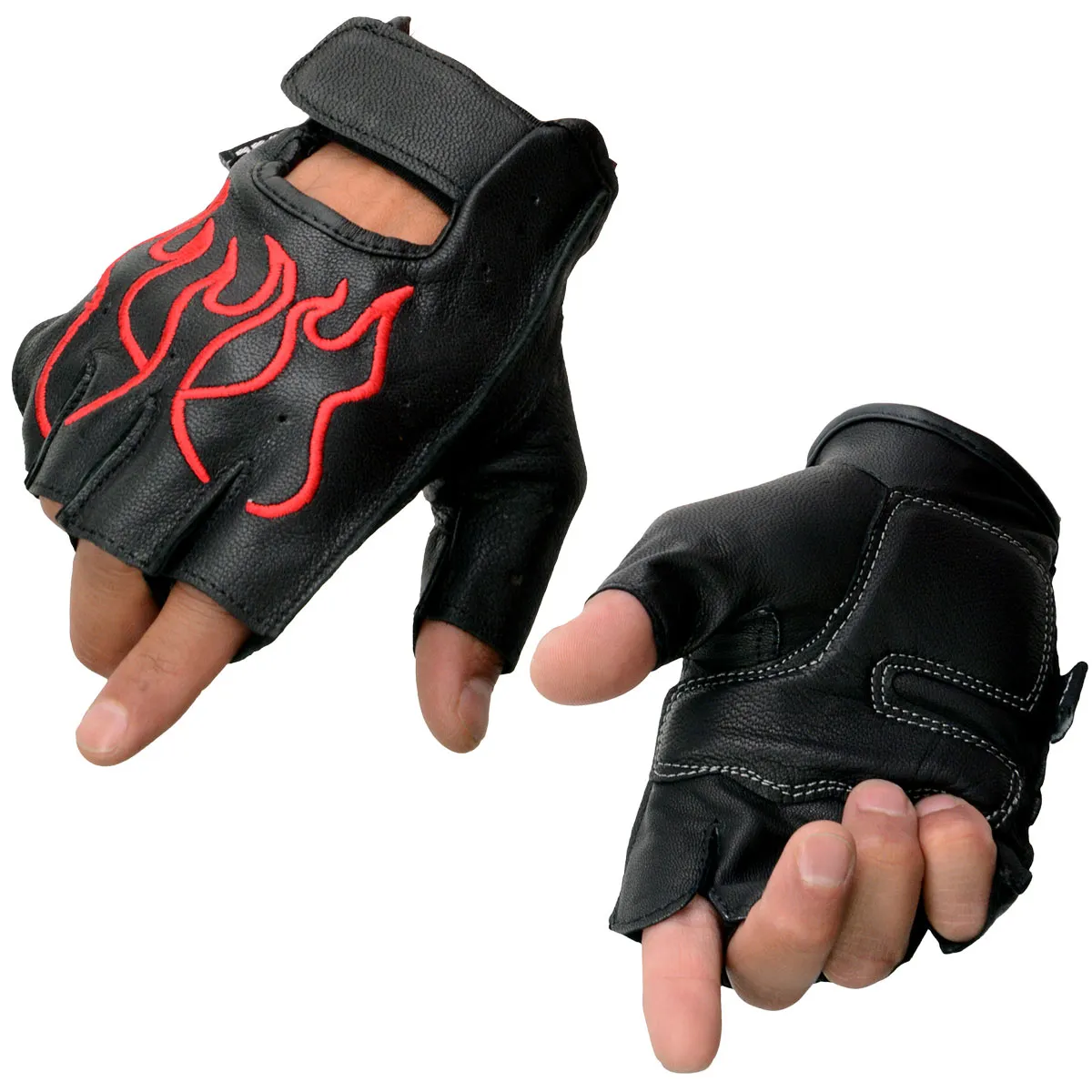 Milwaukee Leather SH198 Men's Black Leather Gel Padded Palm Fingerless Motorcycle Hand Gloves W/ ‘Red Flame Embroidered’