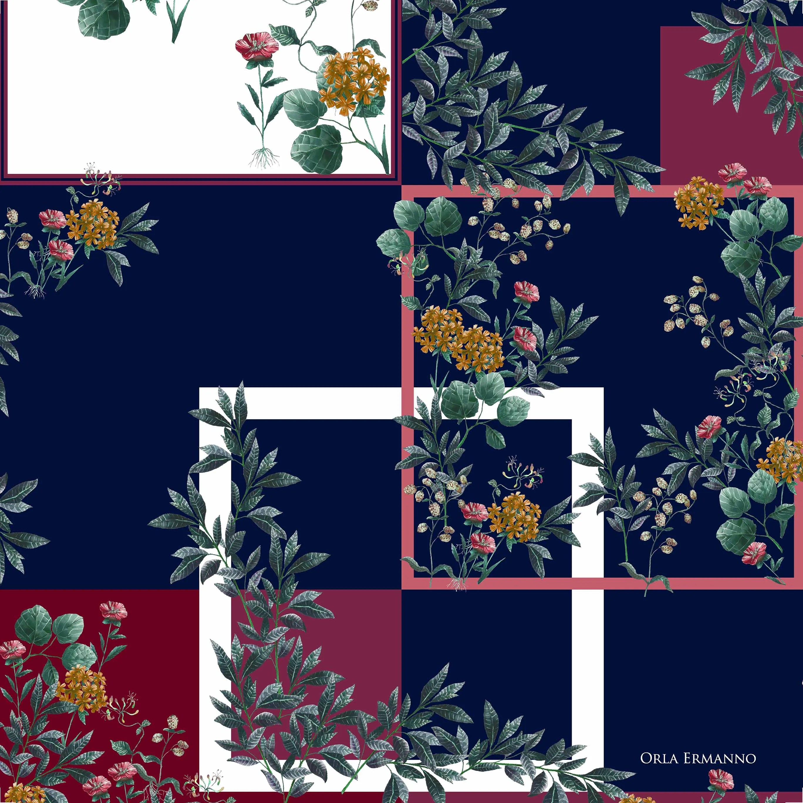 Orla Ermanno Flower squares navy/burgundy  OE287 70cm