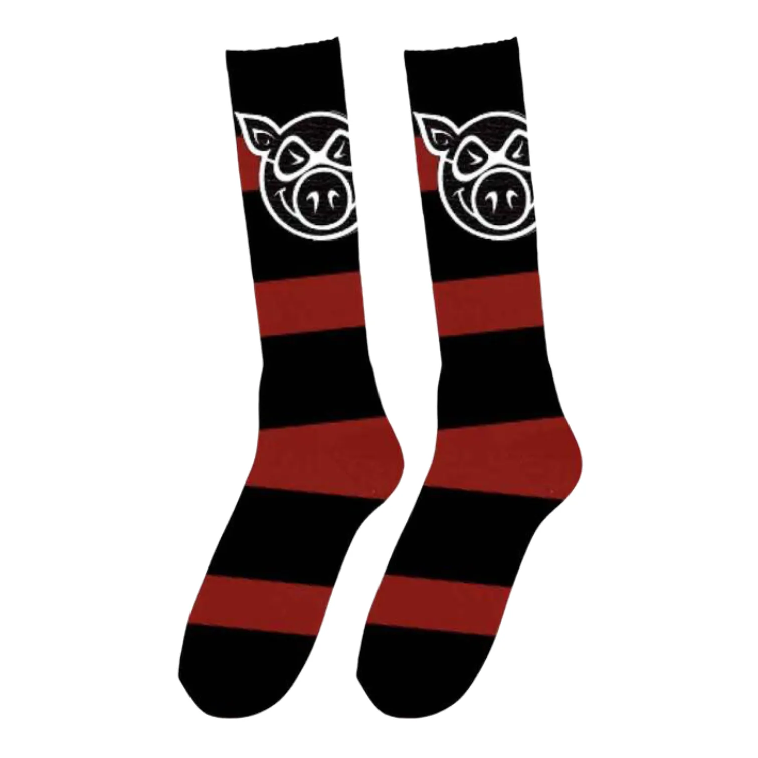 Pig Head Striped Tall Black/ Red Socks