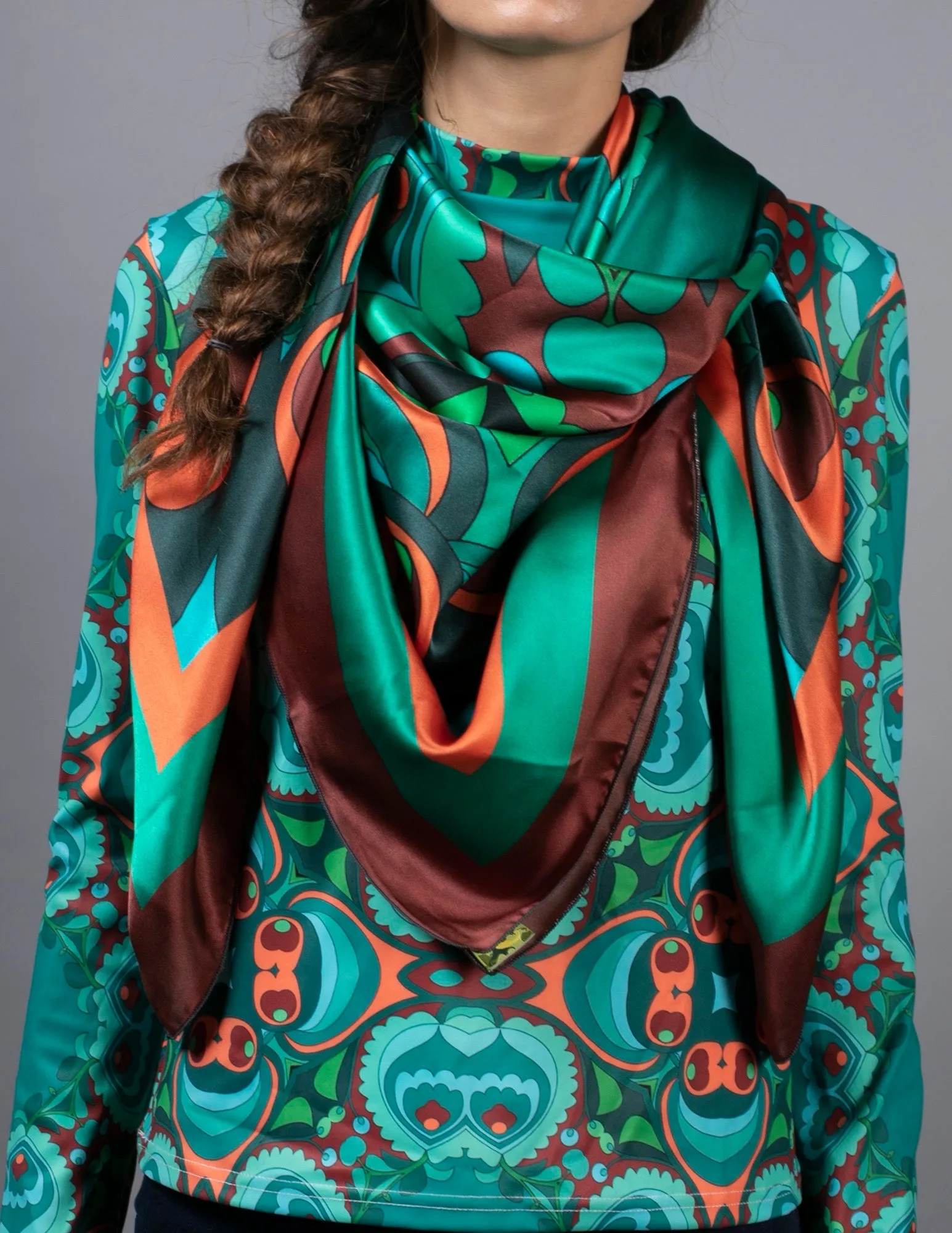 PSILOCYBIN TEAL AND ORANGE SILK SCARF