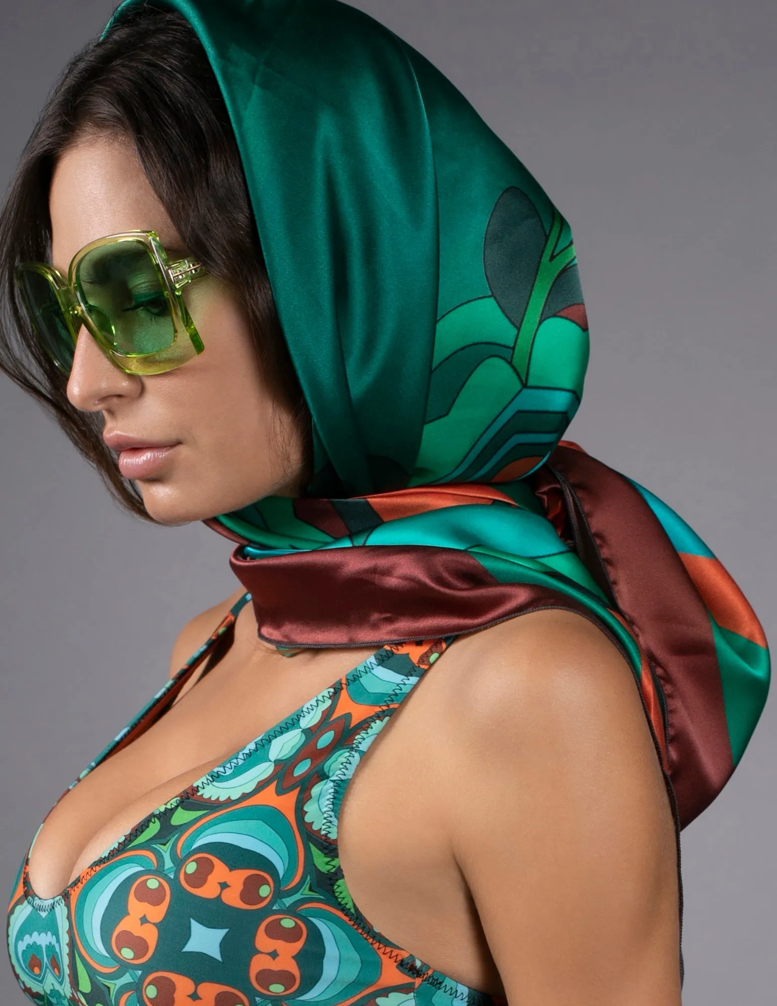 PSILOCYBIN TEAL AND ORANGE SILK SCARF