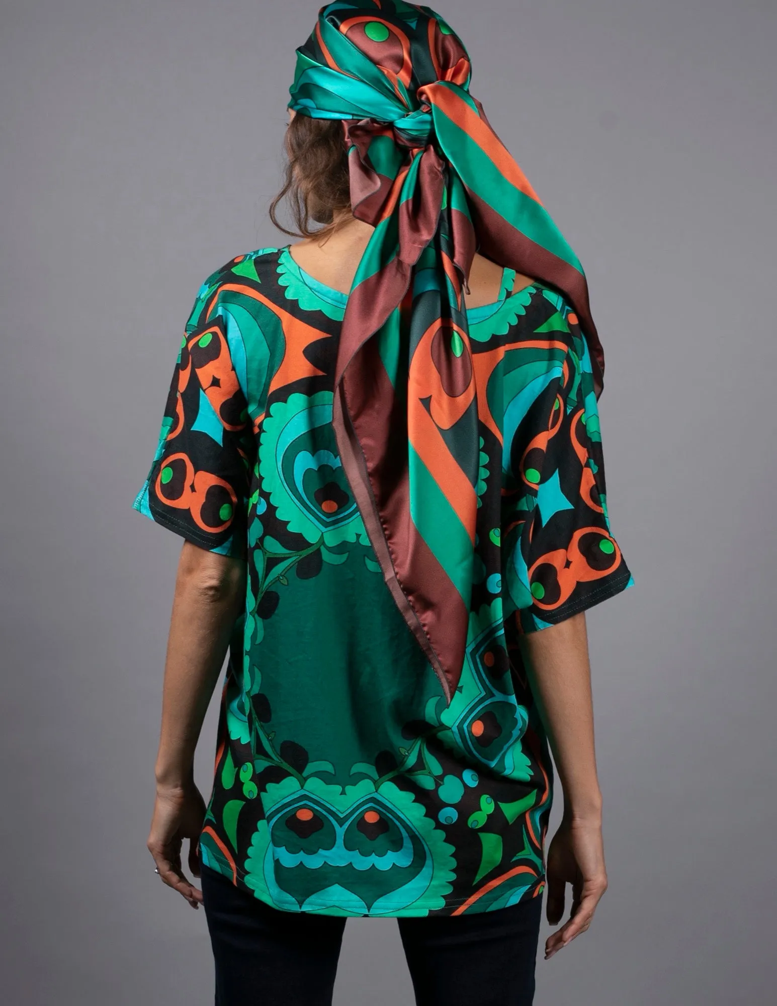 PSILOCYBIN TEAL AND ORANGE SILK SCARF