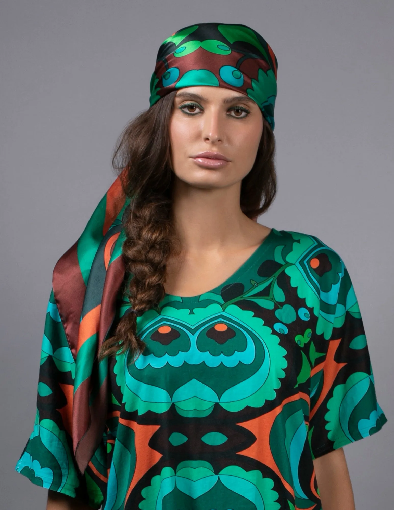 PSILOCYBIN TEAL AND ORANGE SILK SCARF