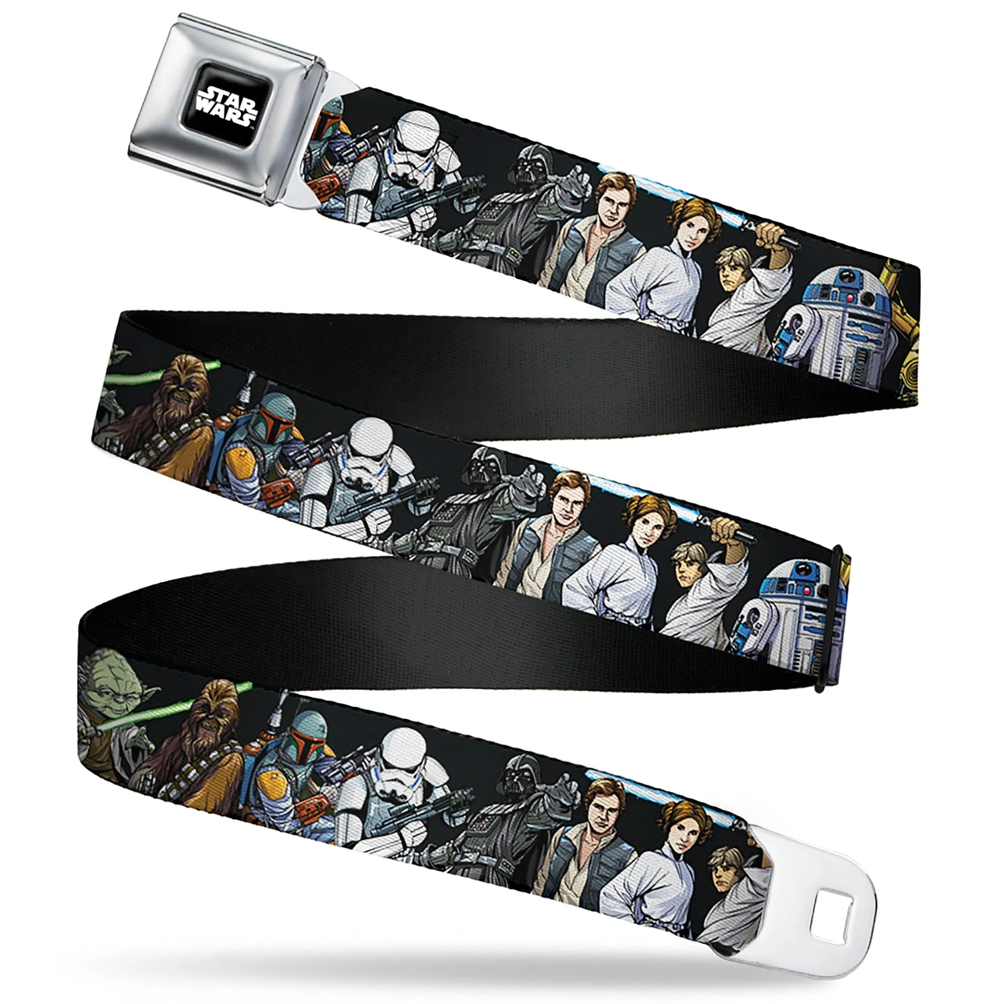 STAR WARS Logo Full Color Black/White Seatbelt Belt - Star Wars Classic Character Poses Black Webbing