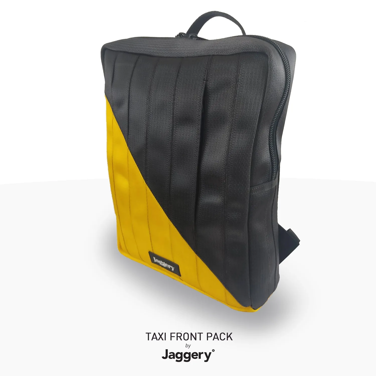 Taxi Front Pack in Black & Yellow Upcycled Car Seat Belts [15" laptop bag]