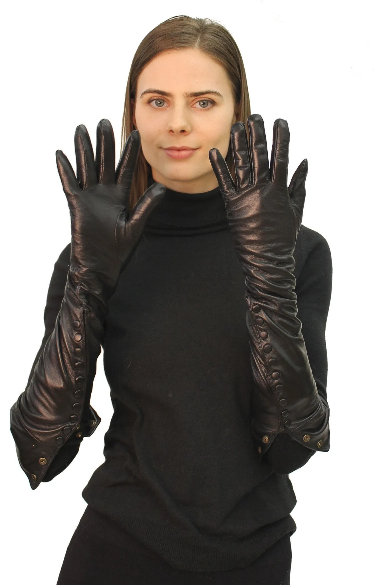 THE VACHA Long Leather Gloves with Snap Closures