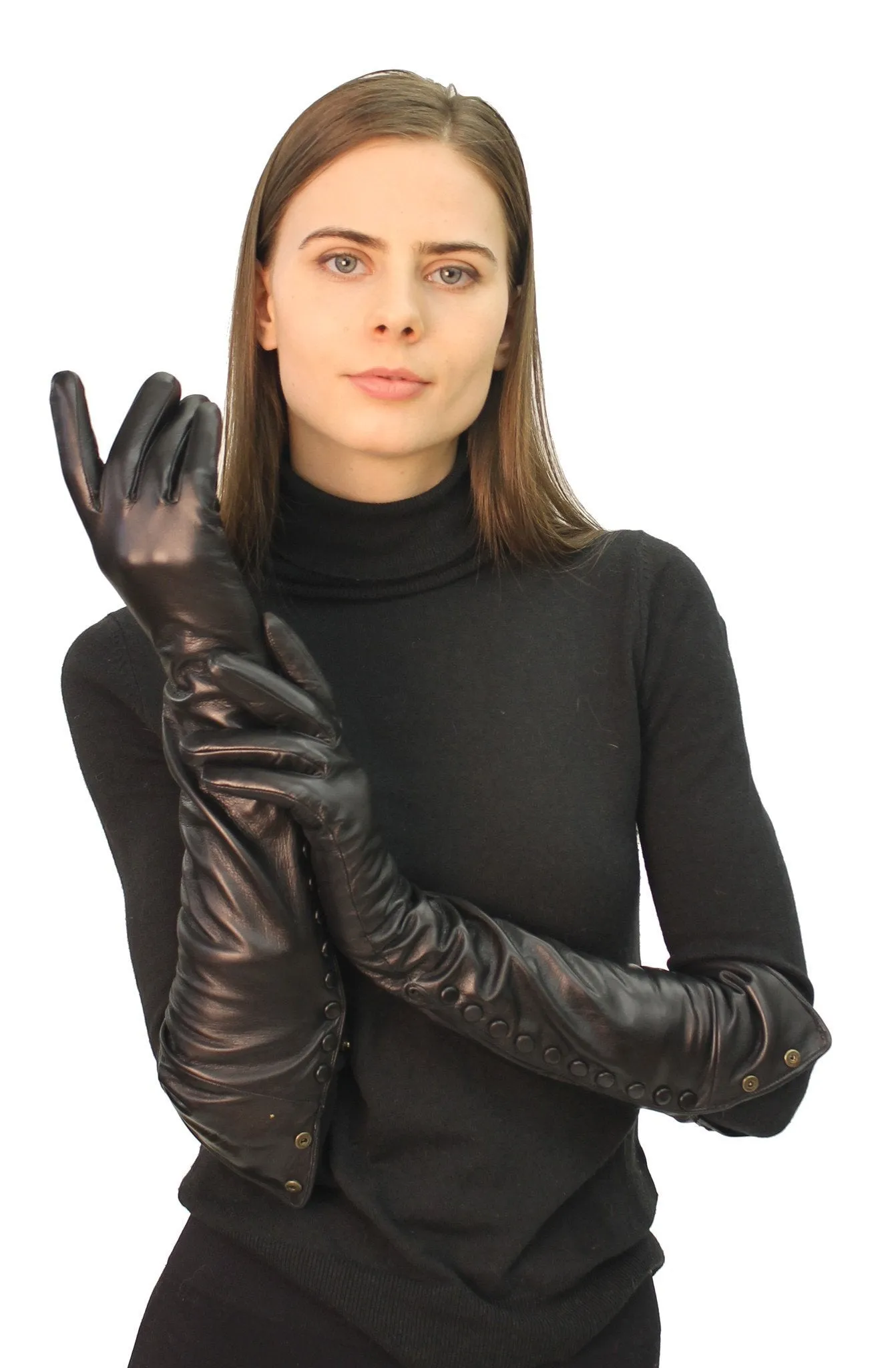 THE VACHA Long Leather Gloves with Snap Closures