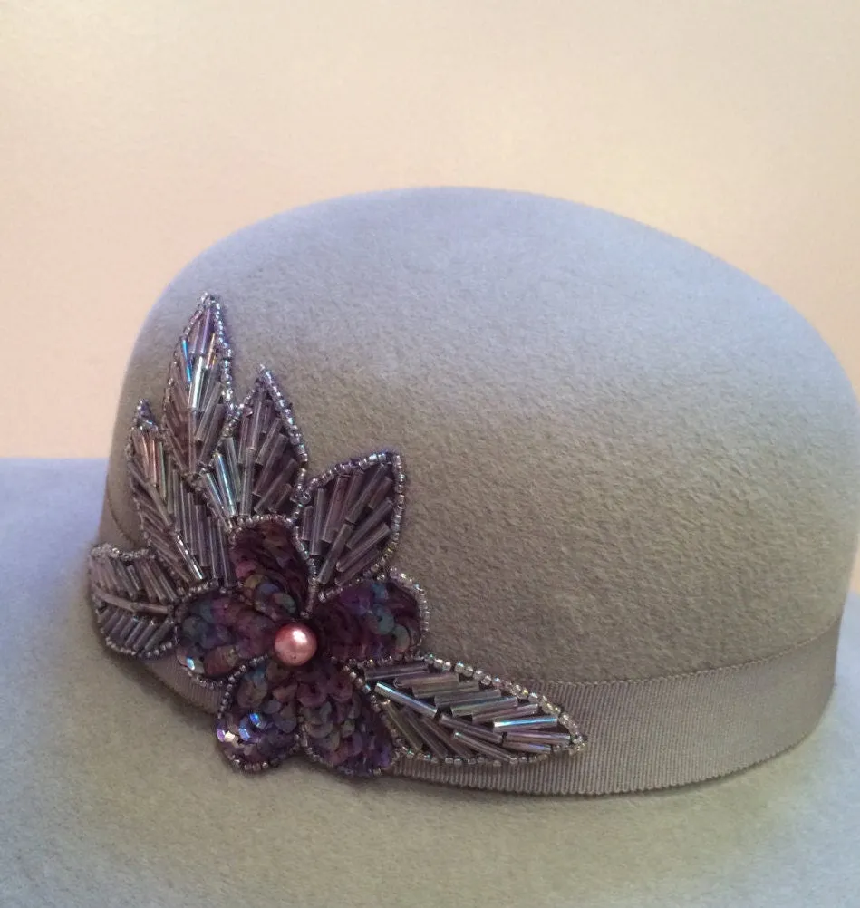 Wide Wavy Brimmed Hat, Grey Velour Hat with Beaded appliqué in Purples and Mauves. Beaded appliqué on Grey Velour hat. Church or wedding hat